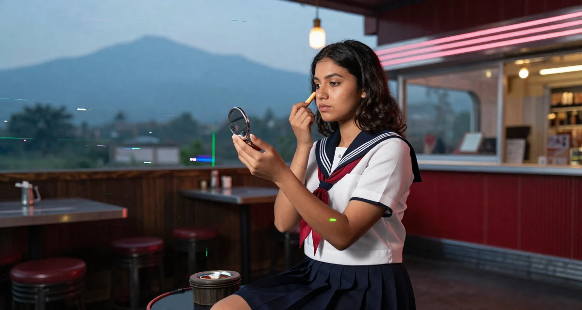 A focused Female From Bangladesh, based in Chittagong, graduated from a technical college majoring in graphic design in their 23, juggling low-paying jobs while squeezing time for content, wearing a Japanese school sailor uniform (seifuku) with a pleated skirt, checking makeup in a compact mirror in a dimly lit jazz bar.