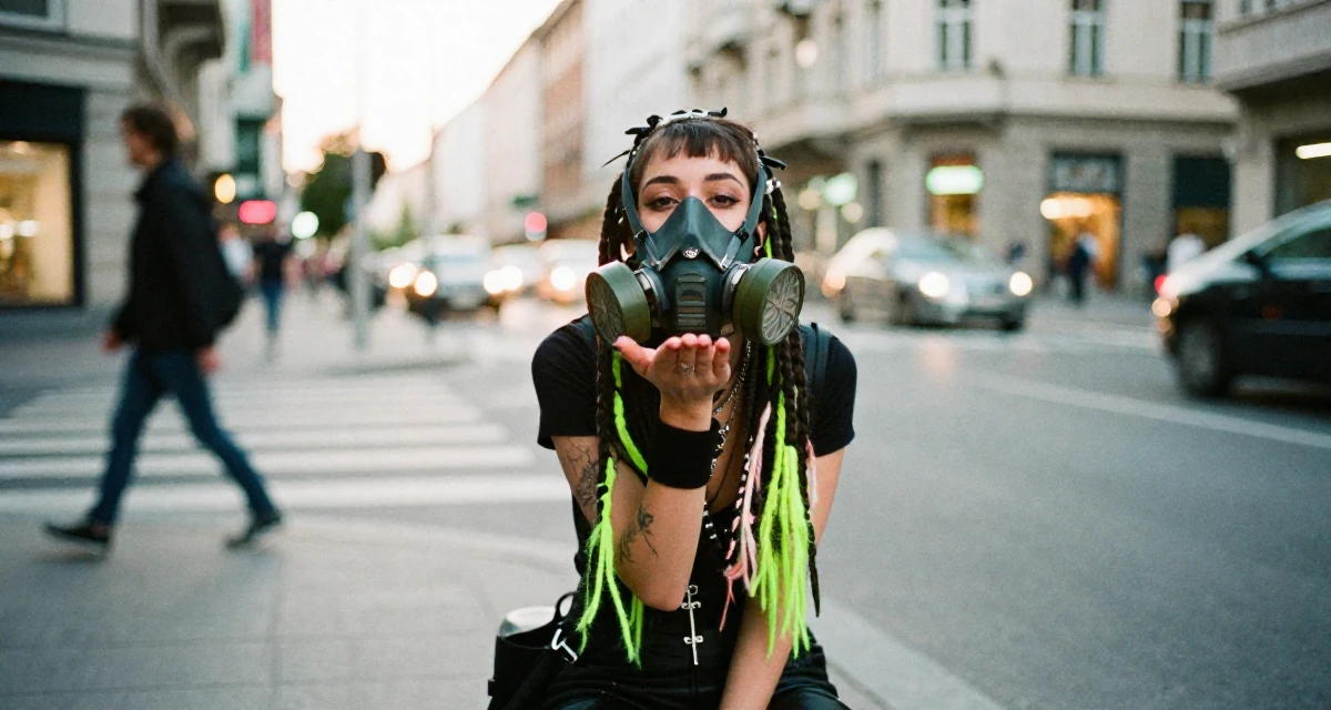 A lonely Female Grew up in Croatia, studied interaction design in their 22, maintaining emotional distance while delivering flirty energy, wearing a cyber-goth outfit with gas mask and neon dreads, blowing a kiss in a bustling city street.