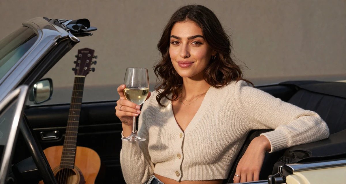 A smiling gently Female From Dubai UAE, majored in marketing in their 23, radiating a quiet determination to succeed, wearing a cropped cardigan with only one button fastened, holding a wine glass by the stem in a vintage convertible car.
