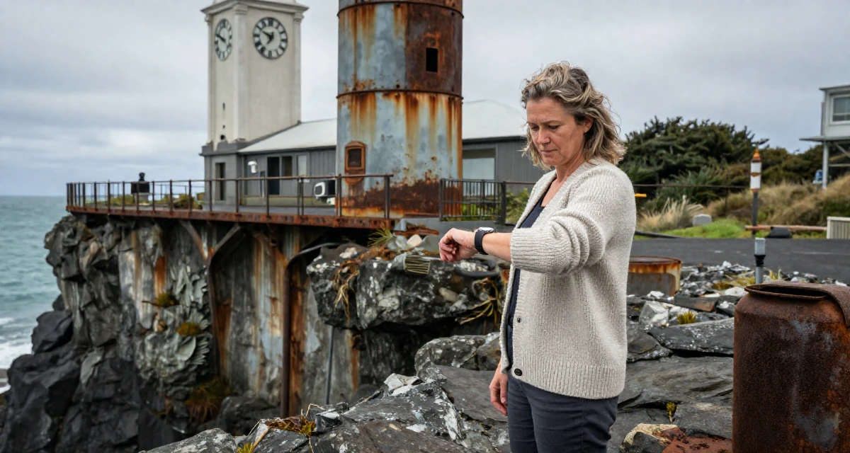 A focused and sharp Female From New Zealand, based in Auckland, graduated from an arts college majoring in emotional performance art in their 40, defying stereotypes of aging women, wearing a cozy knit cardigan and slacks, glancing at a wristwatch in a rocky ocean cliff.