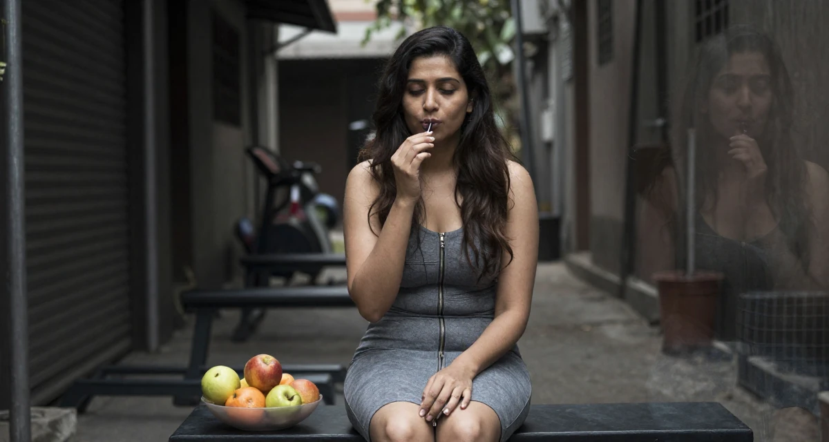 A mellow Female From Mumbai India, studied film production in their 38, documenting a home gym transformation, wearing a pencil skirt with a zipper detail, humming a tune visually in a wedding venue.