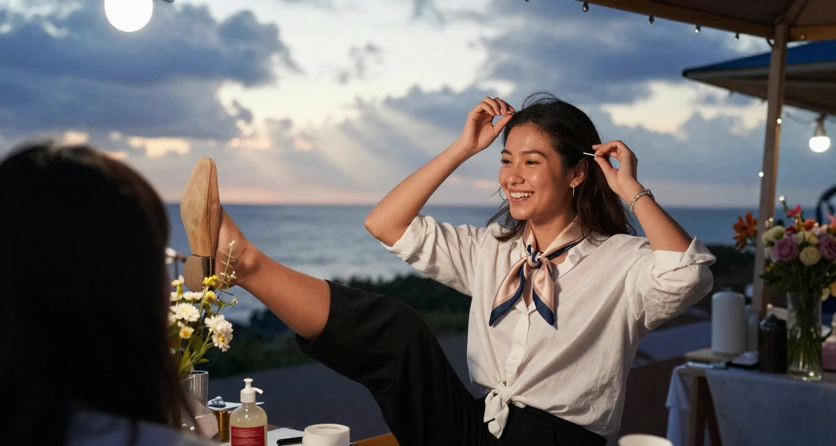 A bright and optimistic Female Former florist assistant, now making soft, romantic aesthetic content in their 23, trying to collaborate with other creators for visibility, wearing a silk scarf tied around the neck of a white shirt, adjusting a hairpin in a night market stall.