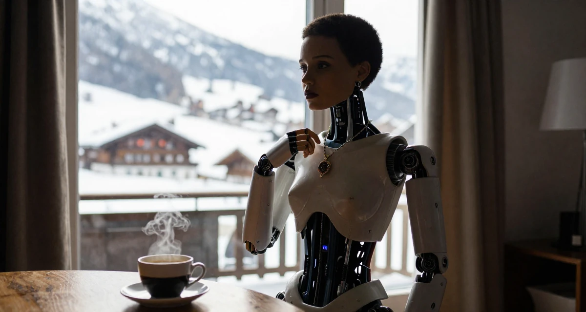 A guarded Female From Abuja Nigeria, studied public administration in their 20, chasing internet fame and creative validation, wearing a cybernetic doll outfit with porcelain-like skin textures, touching a necklace in a sunlit living room.