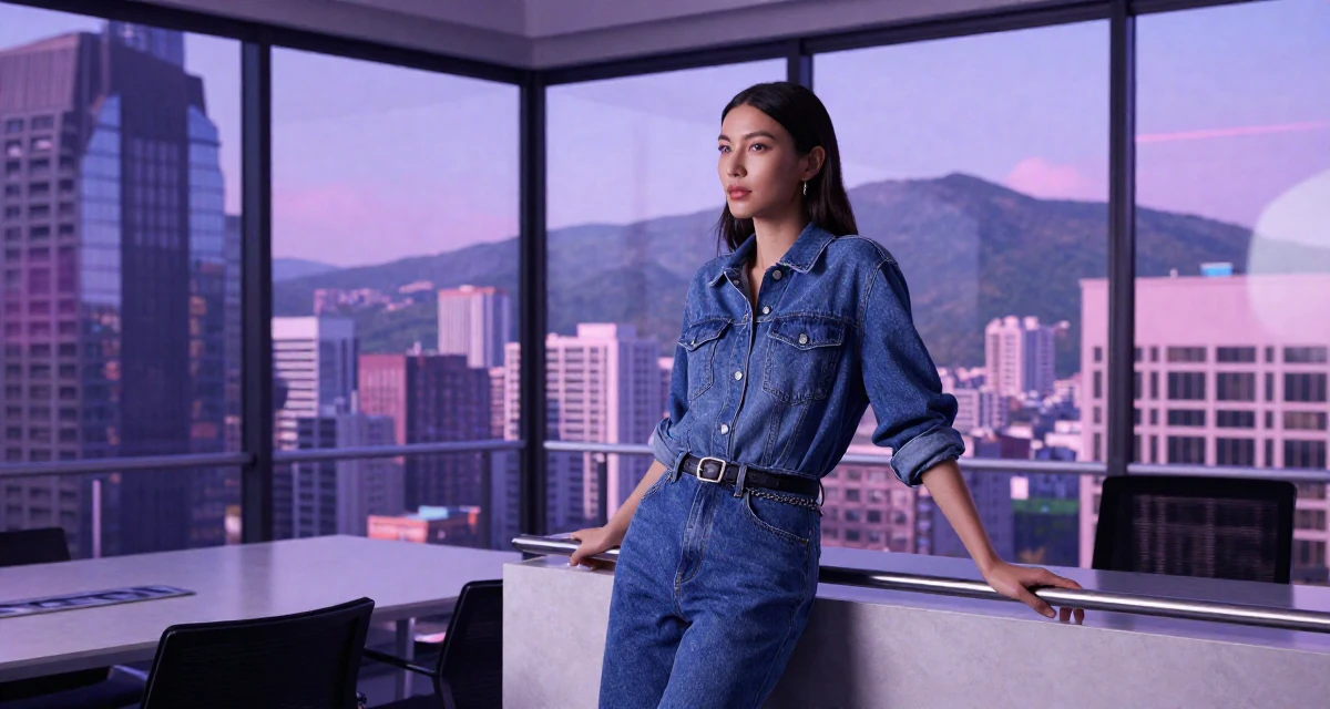 A aloof Female Previously a hotel receptionist, now a travel-inspired content creator in their 30, exploring minimalism and intentional living, wearing a fashionable denim on denim, holding a railing in a glass-walled conference room.