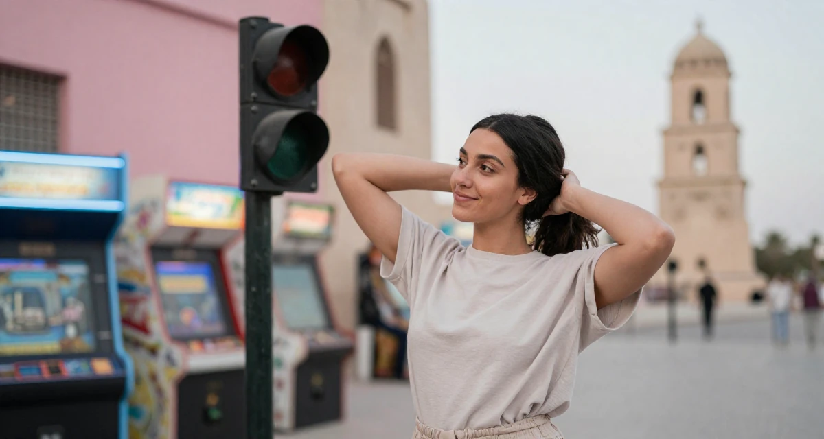 A smiling gently Female From Alexandria Egypt, majored in applied arts in their 25, saving up for the first major independent purchase, wearing a clean, neutral-toned casual outfit, waiting for a light to change in a arcade room with neon lights.
