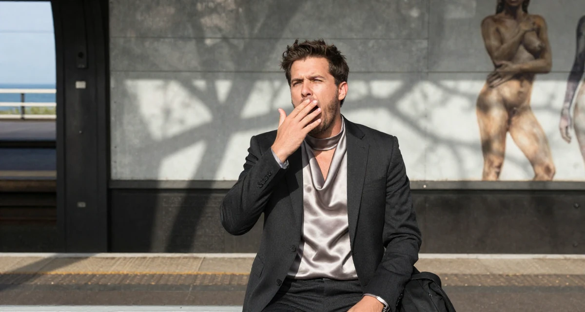 A expectant male From Amsterdam Netherlands, explored art-nude expression in creative collectives in their 30, transitioning from corporate grind to creative freedom, wearing a satin cowl neck top under a business suit, yawning discreetly in a subway platform.