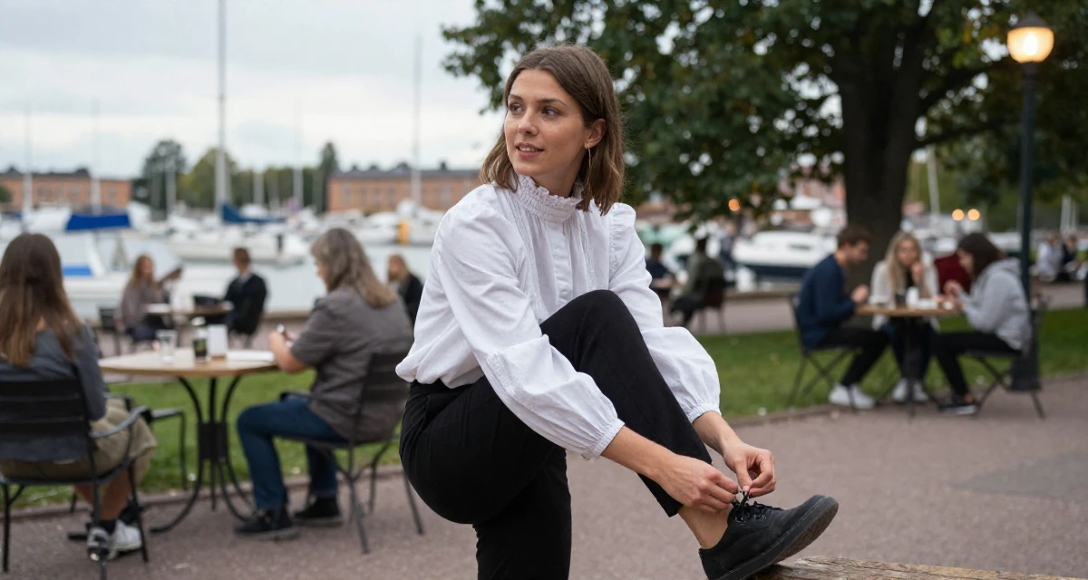 A radiant Female From Helsinki Finland, studied visual communication in their 22, facing judgment from people who don’t understand creator life, wearing a high-neck victorian style blouse and black slacks, tying a shoelace in a quiet park.