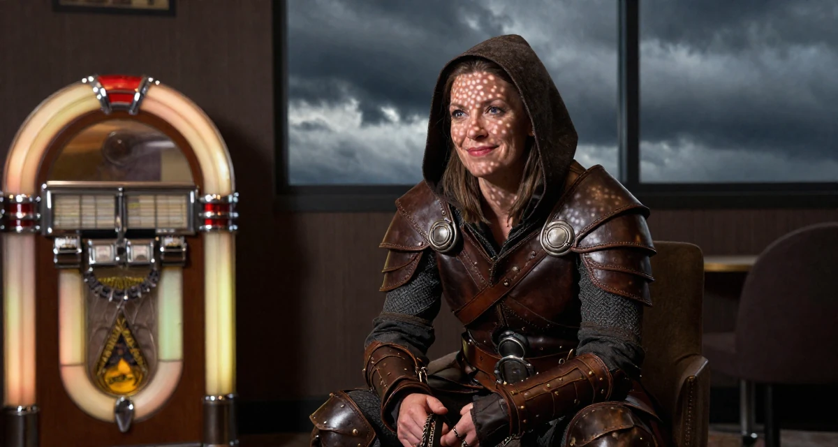 A amused Female Raised in Iceland, majored in creative digital strategy in their 45, sharing wisdom on navigating office politics, wearing a fantasy rogue leather armor with a hood, holding a leash in a luxury hotel lobby.
