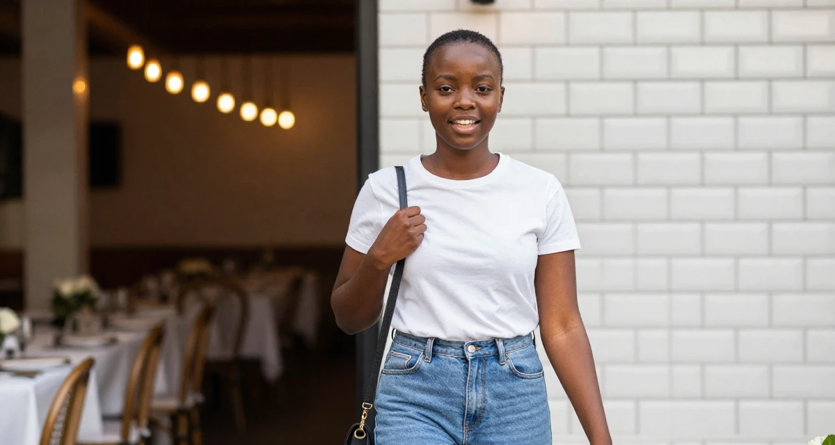 A triumphant Female From Tanzania, studied wildlife conservation in their 27, experimenting with new content formats, wearing a modern casual lifestyle wear, adjusting a shoulder strap in a wedding venue.