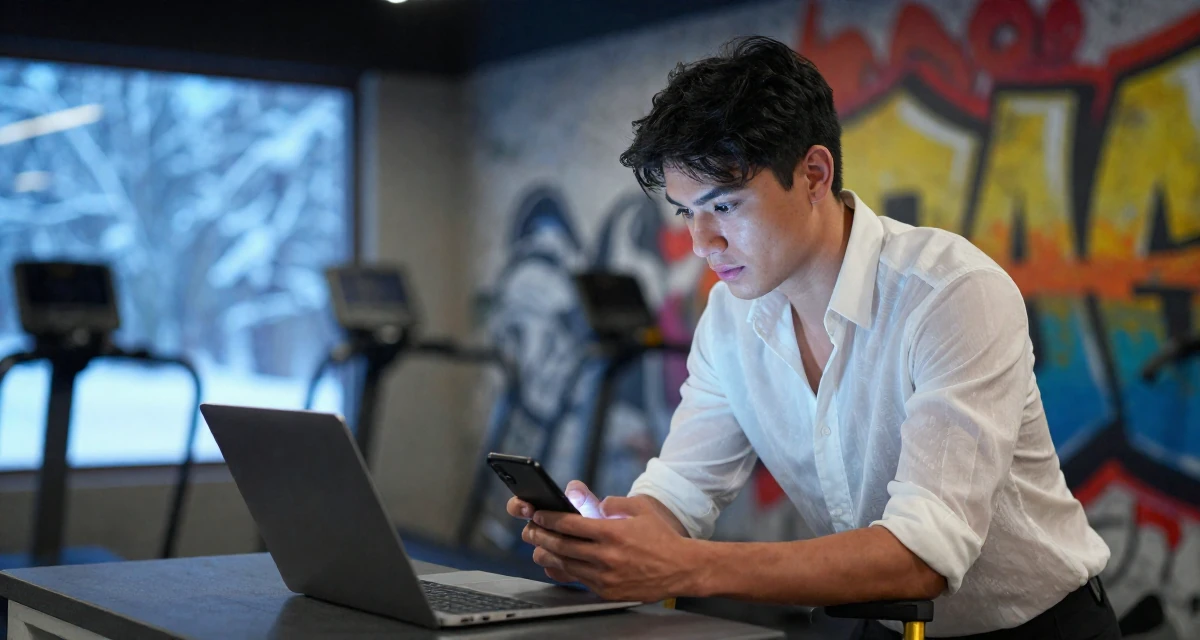 A dignified male Former spa receptionist, now blending beauty with calm-aesthetic content in their 22, entering the workforce with limited experience, wearing a sheer white blouse with a delicate camisole underneath, scrolling casually in a gym interior.