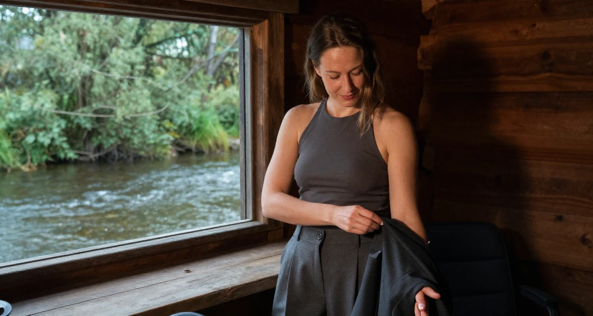 A romantic Female From Germany, based in Hamburg, graduated from a design academy majoring in interaction design in their 32, newly married and adjusting to shared finances, wearing a halter neck top and wide-leg office trousers, fixing a cufflink in a rustic wooden cabin interior.