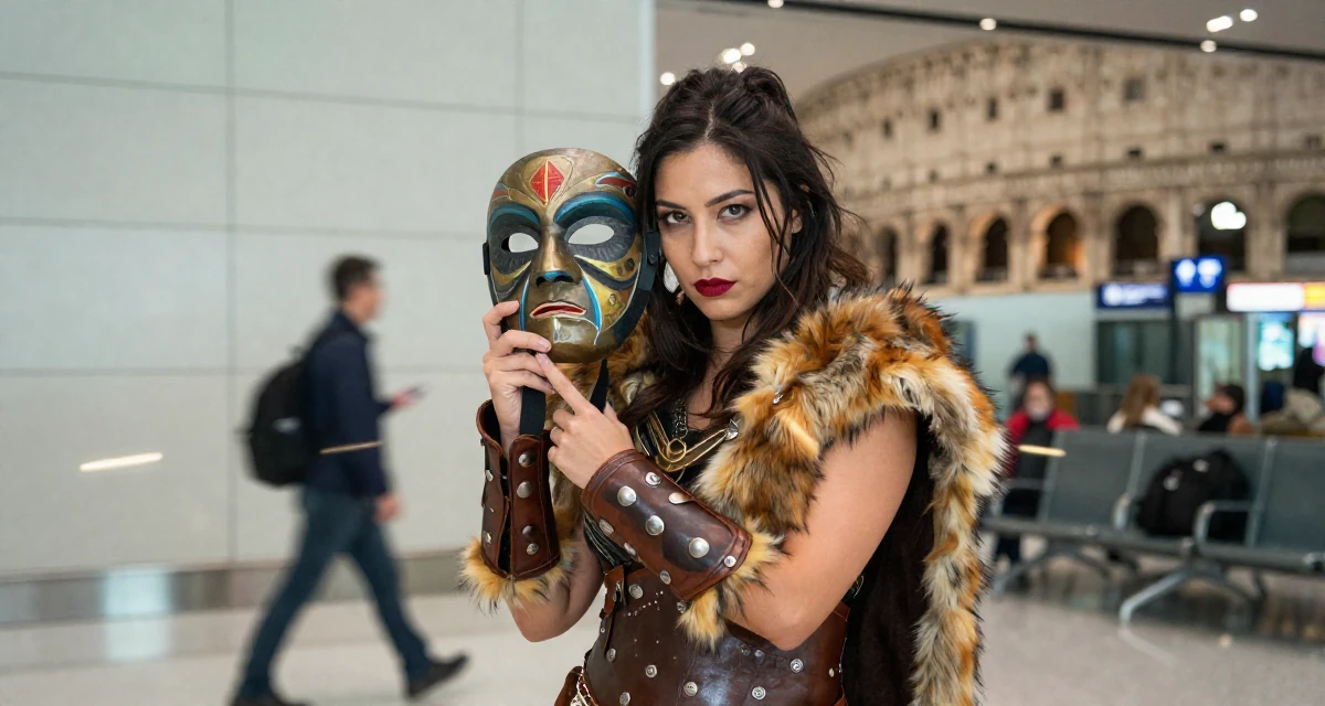 A enigmatic Female Former geography club member, now producing exploration-themed content in their 20, experimenting with a bold new personal style, wearing a barbarian warrior outfit with faux fur and leather, holding a mask (cosplay/prop) in a airport departure lounge.