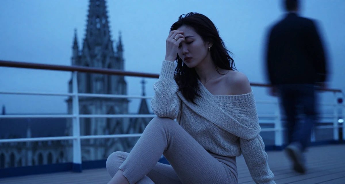 A melancholic yet beautiful Female From Ireland, majored in creative media production in their 28, feeling a renewed sense of ambition, wearing a off-the-shoulder knit top and fitted trousers, playing with a ring on a finger in a cruise ship deck.