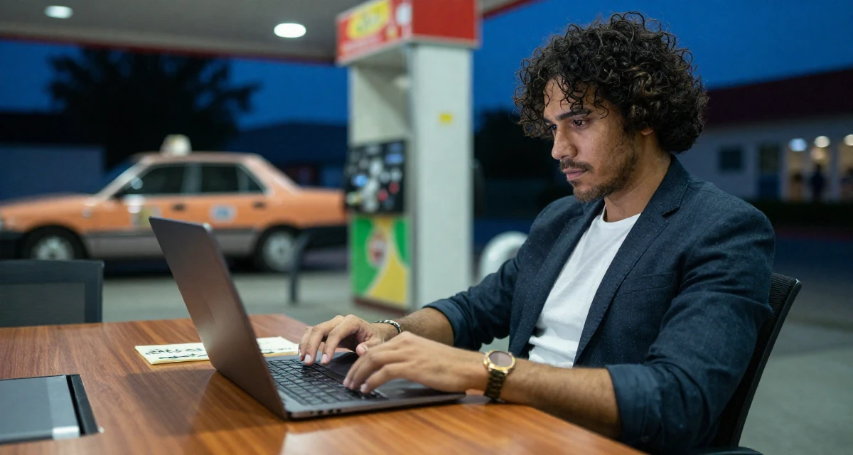 A sultry male Once a calligraphy hobbyist, now integrating art into sensual themes in their 40, re-evaluating life goals with clarity, wearing a refined casual Friday look, typing on a laptop in a gas station at night.