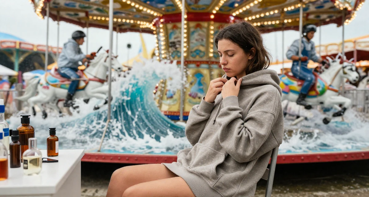 A introspective Female From France, trained in perfumery and chemistry in their 22, realizing their parents were right about sleep, wearing a oversized hoodie worn as a dress, fixing a collar in a carnival with rides.