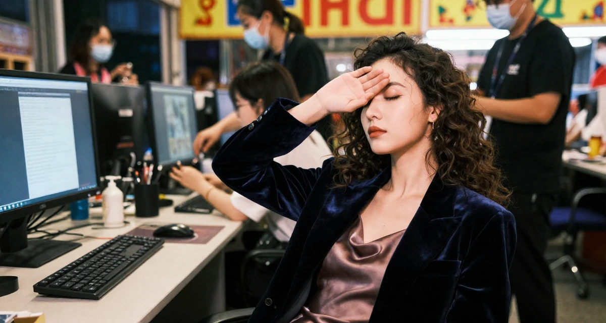 A harmonious Female From Macau, learned performance makeup from casino backstage crews in their 24, forming long-term goals for the first time, wearing a velvet blazer and a silk slip dress, covering eyes from the sun in a classroom setting.