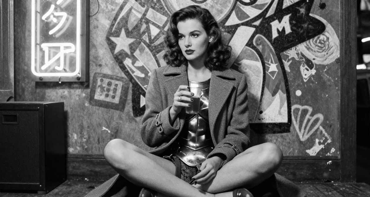 A shy Female From United States, studied civil service management in their 25, wearing a tailored coat and looking sharp, wearing a gladiator armor with leather straps and a metal breastplate, holding a cold drink in a graffiti art wall.