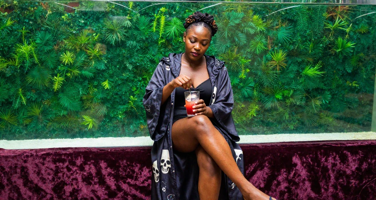 A seductive Female From Nigeria, majored in business communication in their 25, pushing through rejection from collab requests, wearing a dark fantasy necromancer robe with skull motifs, stirring a drink in a aquarium tunnel.