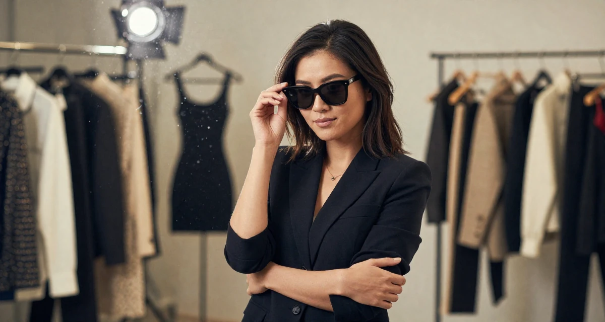 A lighthearted Female Born Chinese-speaking regions, studied strategic communication in their 30, carrying the weight of years of hustling online, wearing a sharp business casual attire, putting on sunglasses in a fashion design studio.