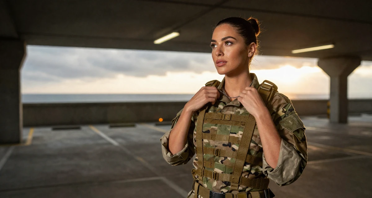 A seductive Female Once a kindergarten helper, now producing warm lifestyle aesthetics in their 35, sharing luxury travel experiences on a budget, wearing a commando outfit with camouflage paint and tactical harness, fiddling with a necklace in a underground parking garage.