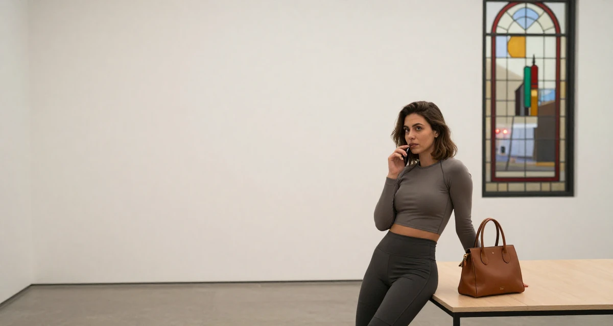 A enigmatic Female From Romania, trained in multimedia design in their 28, saving aggressively for first home, wearing a sporty athleisure look, carrying a leather handbag in a art gallery hall.