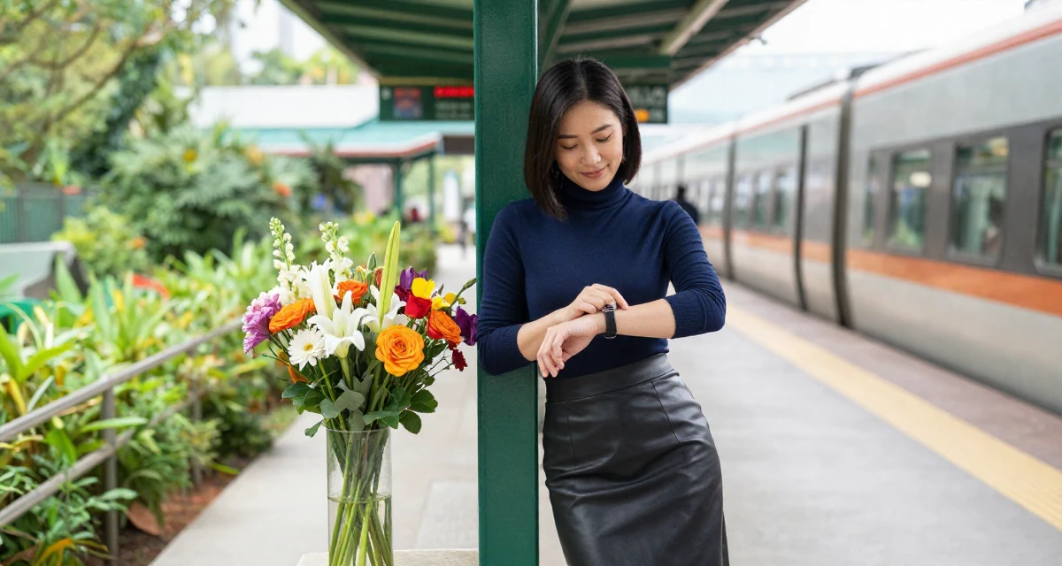 A amused Female From Hong Kong, studied digital media arts in their 20, hiding insecurity behind a cool facade, wearing a fitted turtleneck and a leather midi skirt, checking a wristwatch in a zoo pathway.