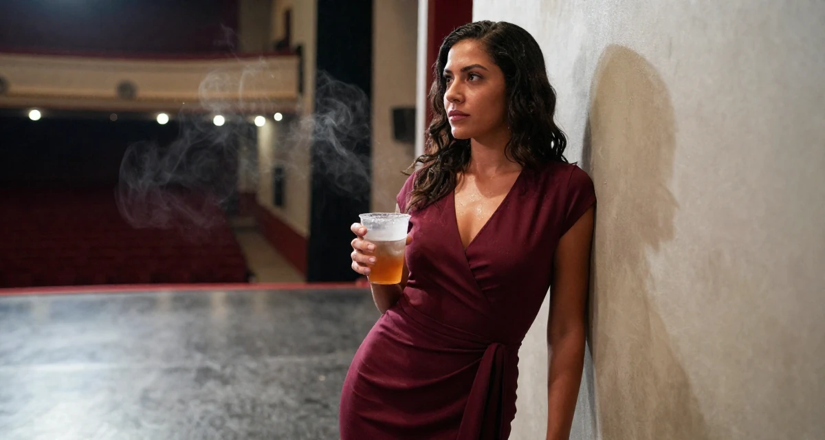 A reserved Female From Mexico, majored in law in their 32, seeking intellectual challenges over busy work, wearing a elegant wrap dress in deep burgundy, holding a cold drink in a empty theater stage.