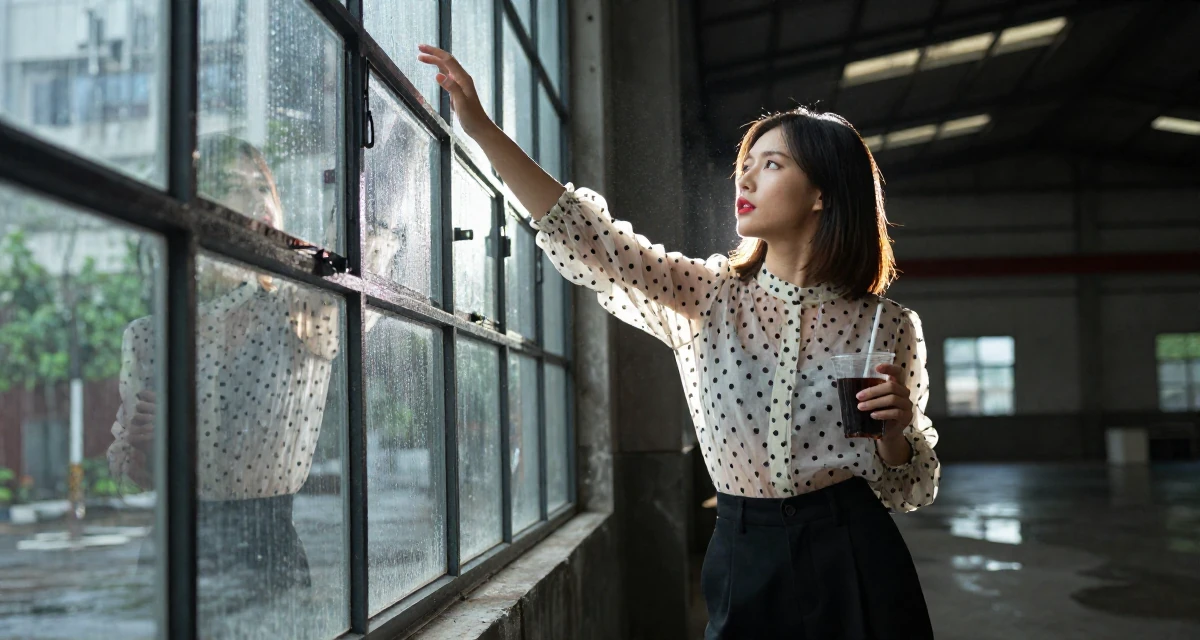 A energetic Female From Shenzhen China, studied makeup artistry while modeling part-time in their 33, balancing softness with inner strength, wearing a sheer polka dot blouse and black trousers, holding a cold drink in a industrial warehouse.