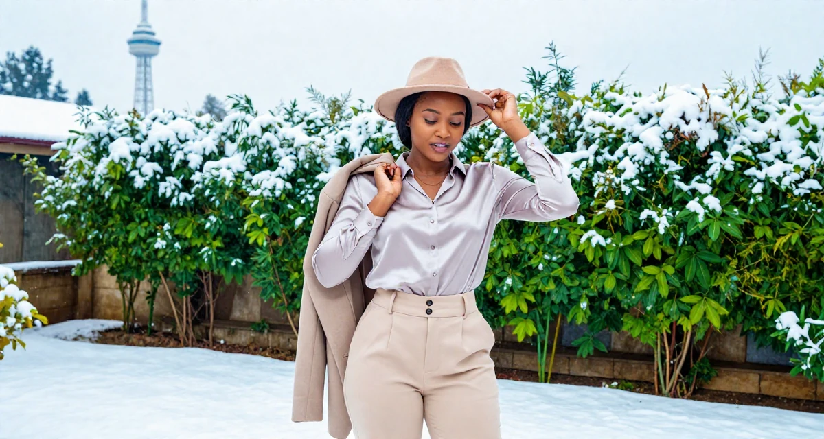 A charismatic Female From Kenya, based in Nairobi, graduated from a creative institute majoring in aesthetic communication in their 25, dealing with pressure to choose a major, wearing a high-waisted beige trousers and a tucked-in satin blouse, tipping a hat in a backyard garden.