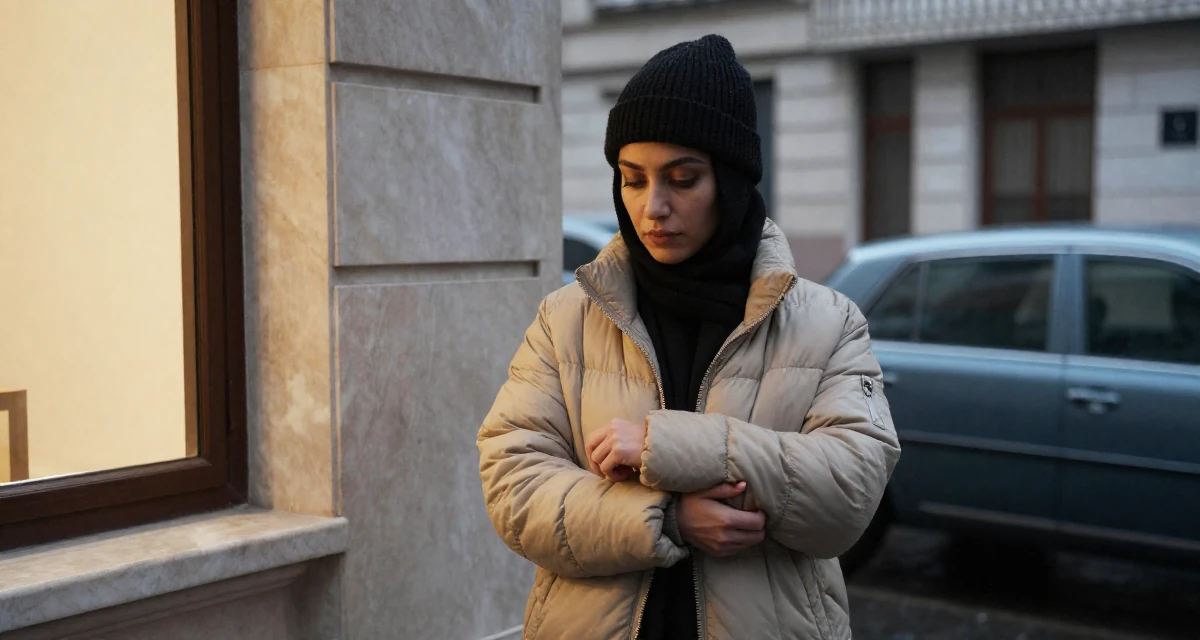 A contemplative Female Grew up in Saudi Arabia, studied visual merchandising in their 23, pretending everything is fine while barely covering bills, wearing a warm puffer jacket and beanie, adjusting sleeves in a rainy street corner.