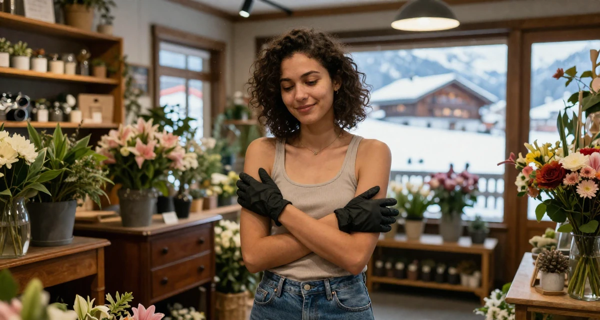 A smiling gently Female Born in Kenya, majored in mathematics education in their 28, questioning whether to scale up or scale back, wearing a simple tank top and jeans, putting on a glove in a flower shop.