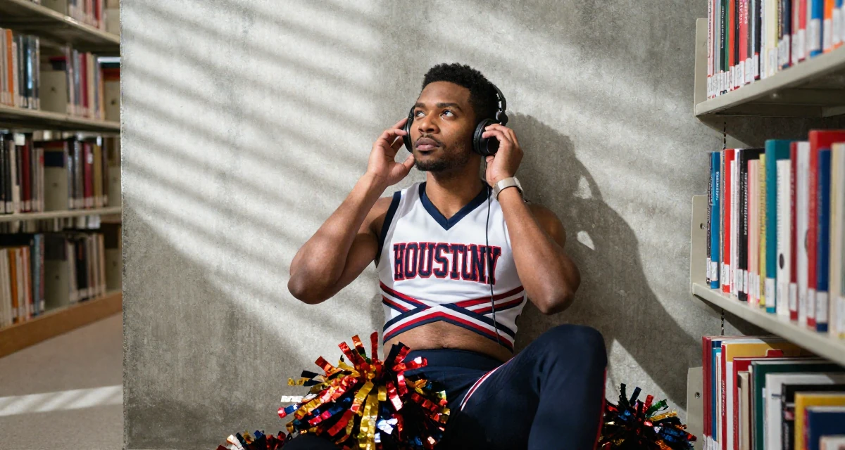 A sophisticated male From Houston USA, majored in psychology in their 24, refining a signature style between classy and daring, wearing a cheerleader uniform with a cropped top and pom-poms, listening to music with headphones in a library aisle.