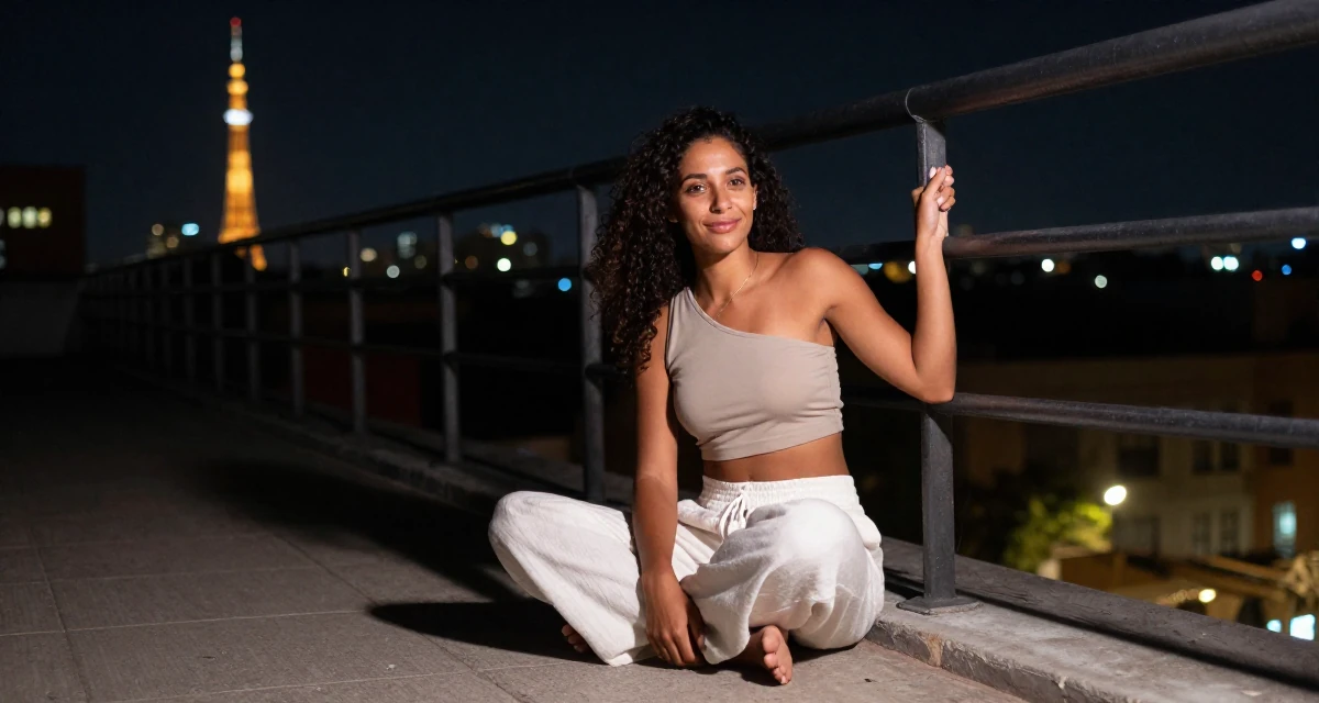 A amused Female From Gabon, studied oil and gas management in their 23, seeking spiritual grounding amidst chaos, wearing a one-shoulder fitted top and white linen trousers, grabbing a railing for support in a city sidewalk.