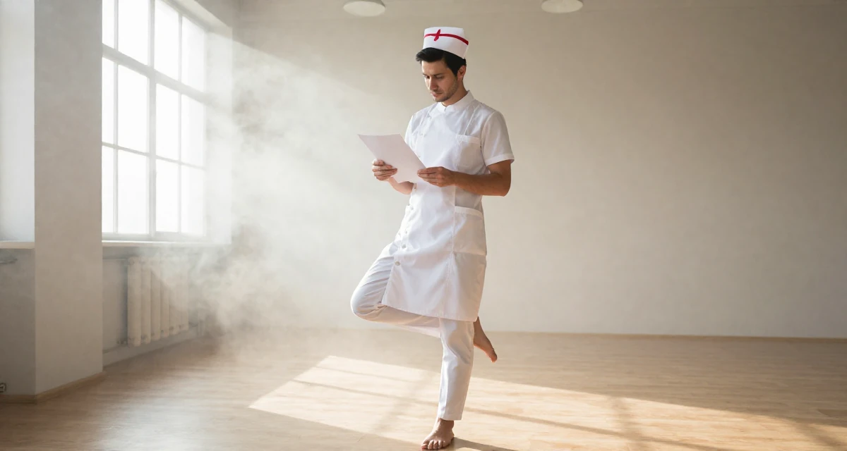 A melancholic yet beautiful male Once a geography teacher, now producing warm travel-inspired content in their 23, building consistency in personal projects, wearing a nurse cosplay uniform with a stylized cap, holding a piece of paper in a yoga studio.