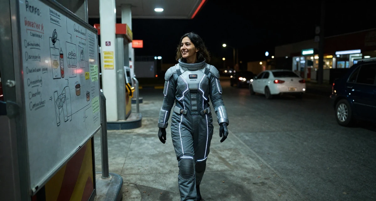 A happy Female From Afghanistan, majored in agricultural science in their 33, creating content about healthy meal prepping, wearing a futuristic space pilot plugsuit with glowing lines, watching traffic pass by in a gas station at night.