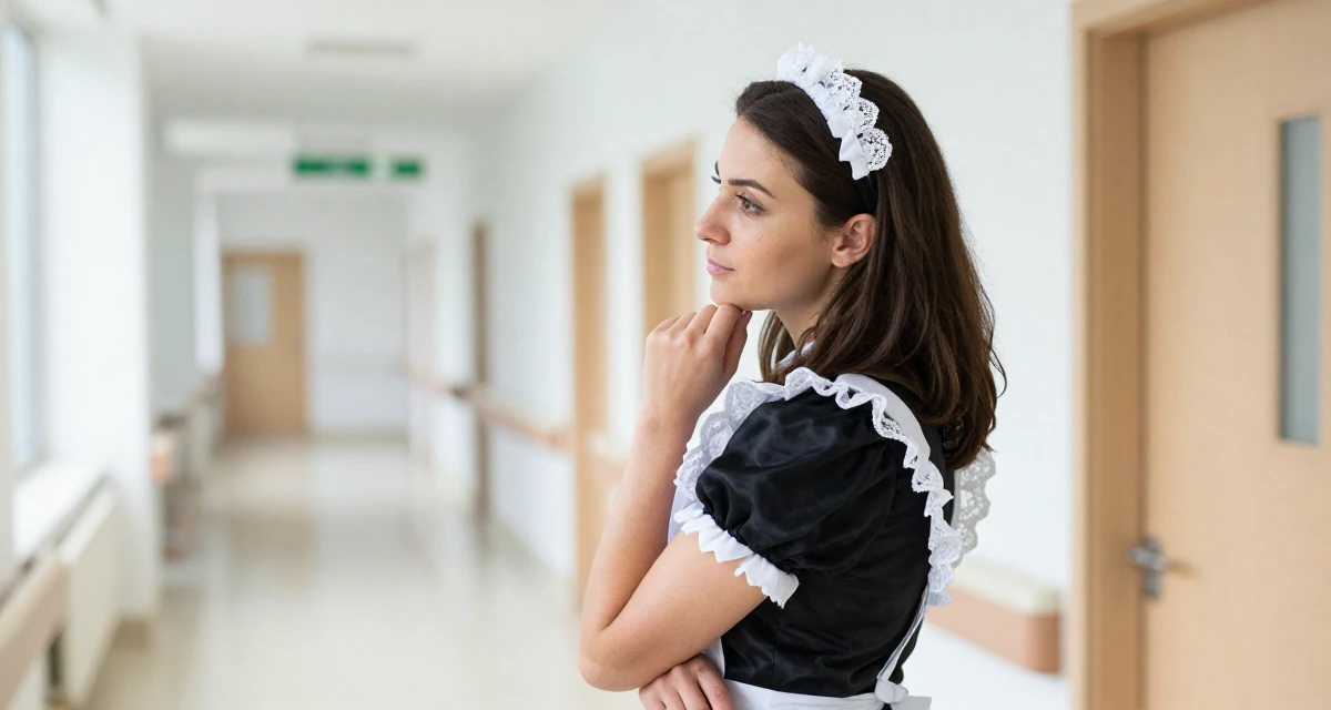 A calm and confident Female From Georgia, based in Batumi, graduated from a local academy majoring in social media management in their 40, re-evaluating life goals with clarity, wearing a french maid costume with black silk and white lace, touching the chin thoughtfully in a hospital corridor.