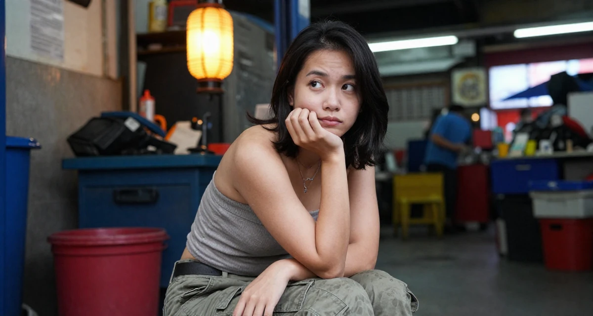 A nostalgic Female From Singapore, based in Tampines, graduated from a polytechnic majoring in business analytics in their 29, fighting the fear of being “too old for the platform”, wearing a strapless tube top and cargo pants, glancing sideways in a mechanic garage.