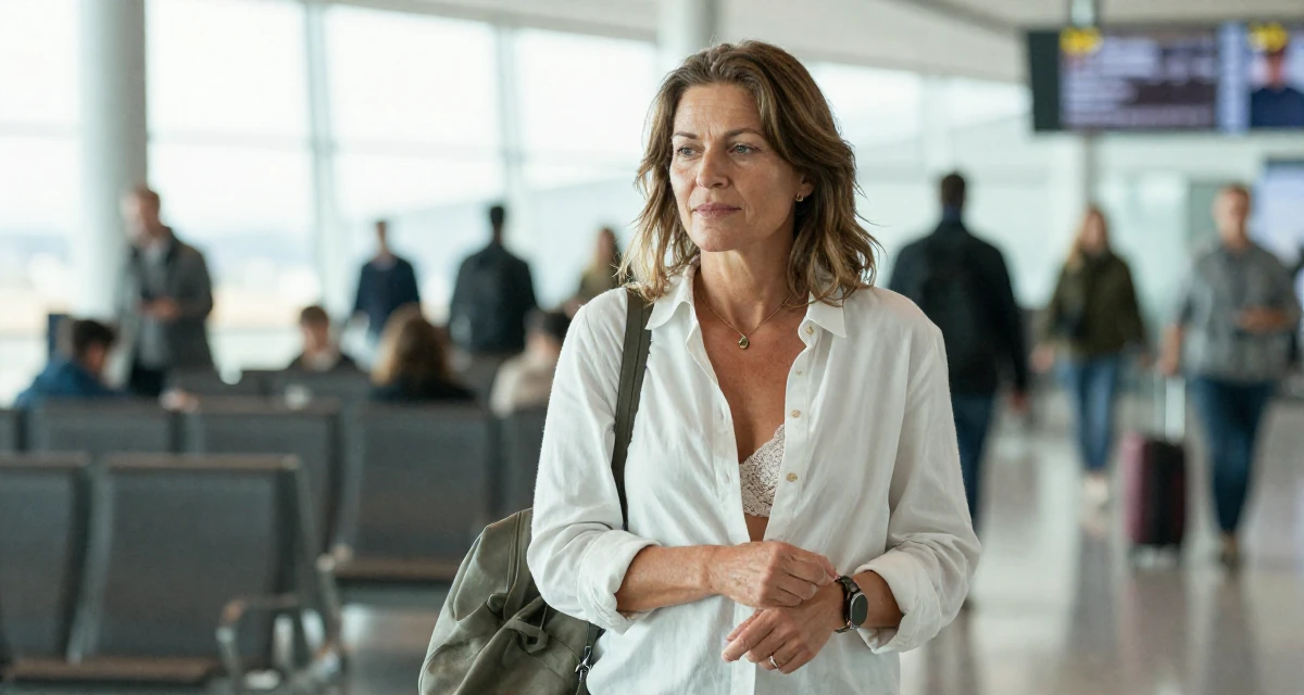 A lazy Female From Gothenburg Sweden, studied sustainable development in their 35, glowing with the wisdom of experience, wearing a white button-down shirt worn open over a lace bra, fixing a cufflink in a airport departure lounge.