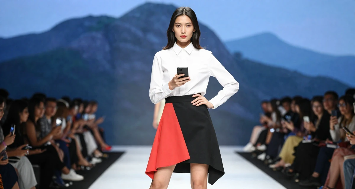 A self-assured Female From Ho Chi Minh City Vietnam, studied multimedia design in their 20, exploring identity through bold fashion choices, wearing a asymmetrical hem skirt and a crisp white shirt, texting with both thumbs in a fashion runway.
