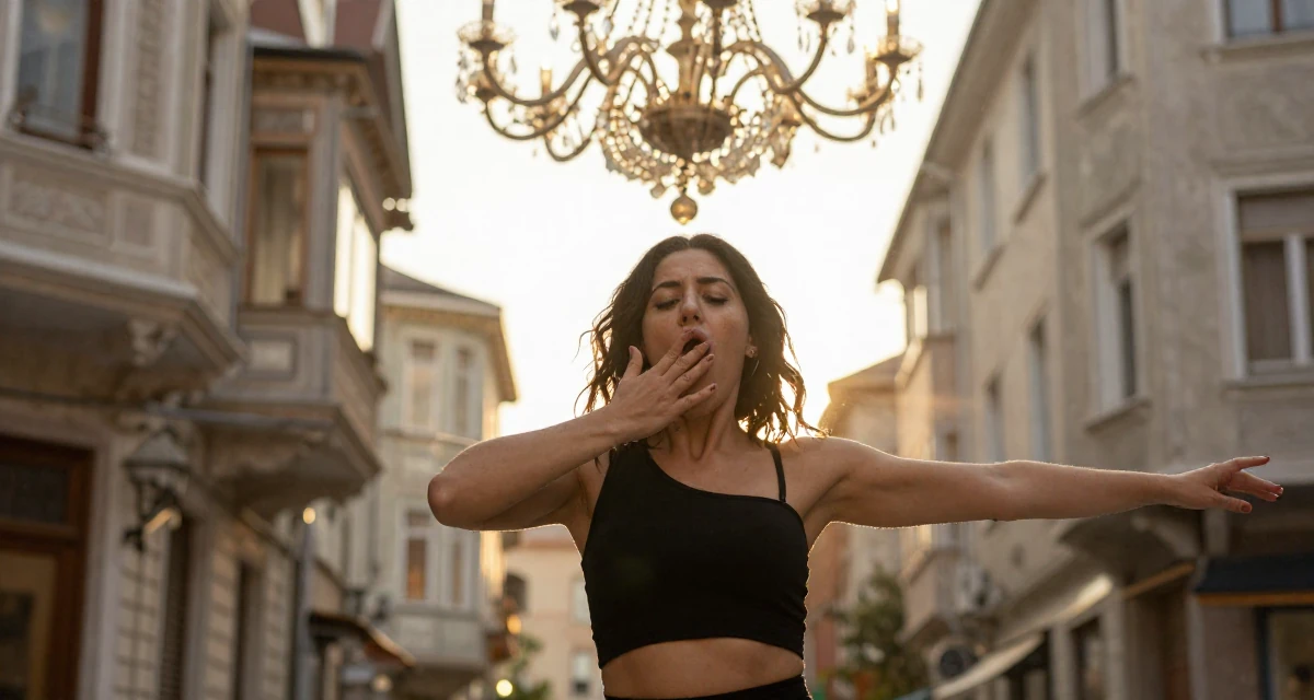 A serious Female From Istanbul Türkiye, learned belly dance and expressive movement in their 30, rebuilding self-worth beyond content performance, wearing a urban minimalist silhouette, yawning discreetly in a urban street.