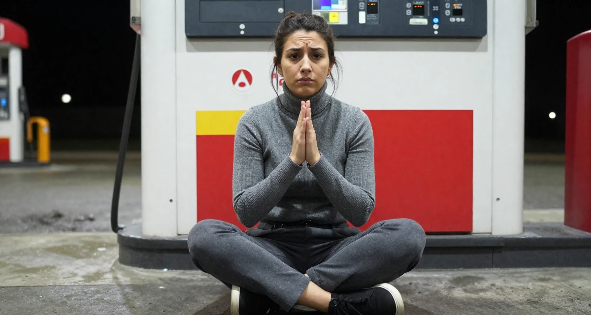 A puzzled Female Once a junior chemist, now exploring creative body-lighting concepts in their 25, developing discipline through daily habits, wearing a sophisticated turtleneck and trousers, rubbing hands together for warmth in a gas station at night.