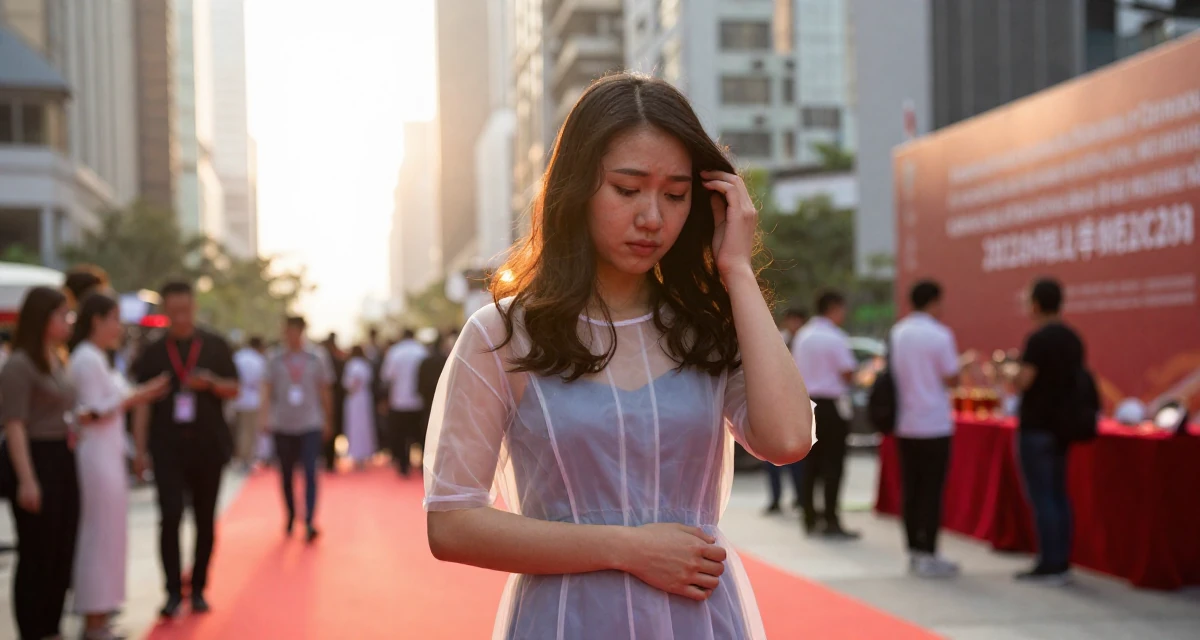 A melancholic Female From Vietnam, majored in international business in their 25, coping with homesickness during first year away, wearing a semi-transparent beach cover-up dress, retouching hair volume in a red carpet event.