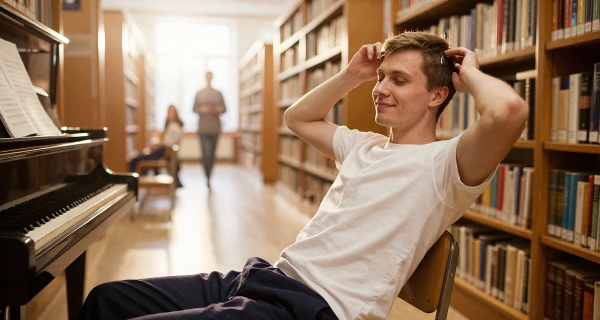 A softly smiling male From Russia, has a background in piano performance in their 30, accepting that ambition doesn’t erase exhaustion, wearing a school gym uniform with bloomers and a white t-shirt, adjusting a hairpin in a library aisle.