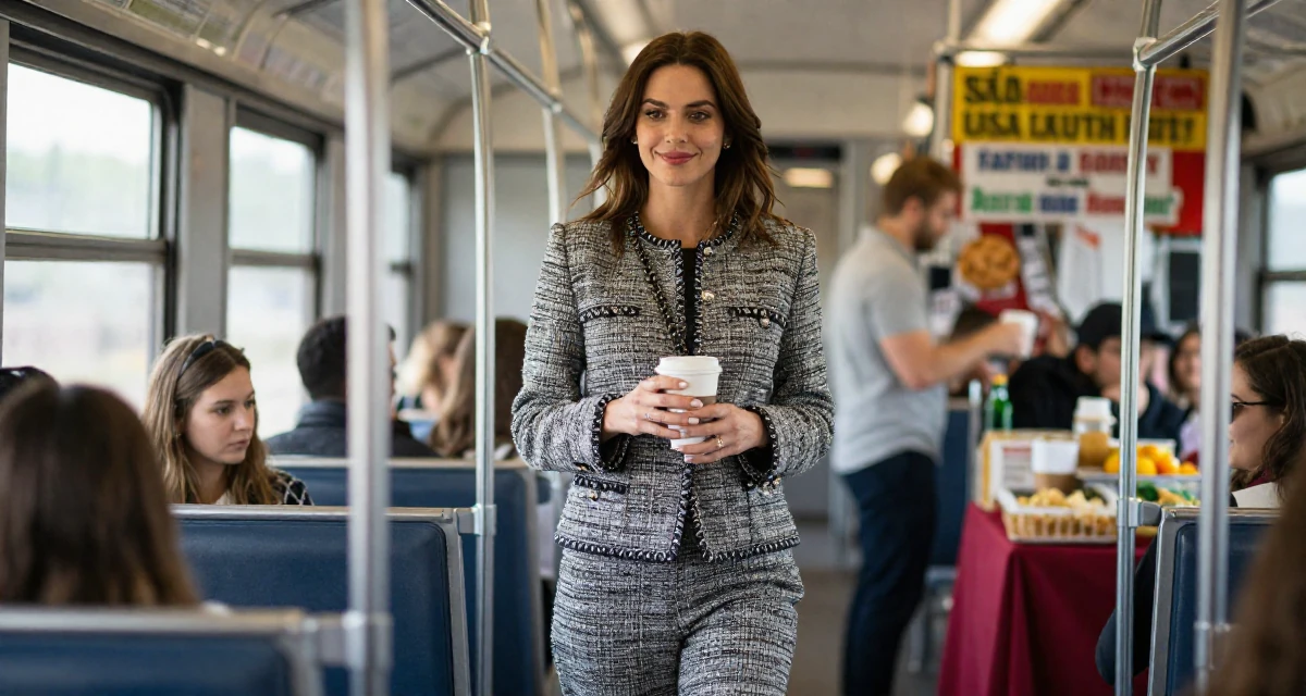 A softly smiling Female From Houston USA, majored in psychology in their 28, projecting an image of effortless success, wearing a classic chanel style tweed suit, holding a coffee cup with both hands in a train carriage.