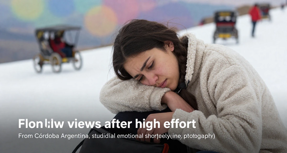 A troubled Female From Córdoba Argentina, studied emotional storytelling in photography in their 23, learning the pain of “low views after high effort”, wearing a cozy fleece pullover, reaching into a bag in a snowy mountain peak.