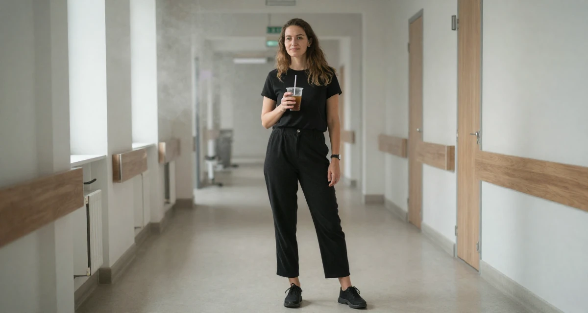 A lighthearted Female From Germany, majored in mechanical engineering in their 25, identifying strengths and weaknesses, wearing a urban minimalist silhouette, holding a cold drink in a hospital corridor.
