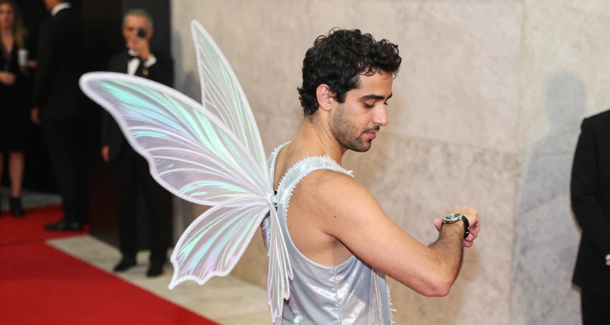 A soulful male From Israel, based in Tel Aviv, graduated from an arts program majoring in sensual character creation in their 32, managing high-stakes projects with calm, wearing a fairy costume with translucent iridescent wings, glancing at a wristwatch in a red carpet event.