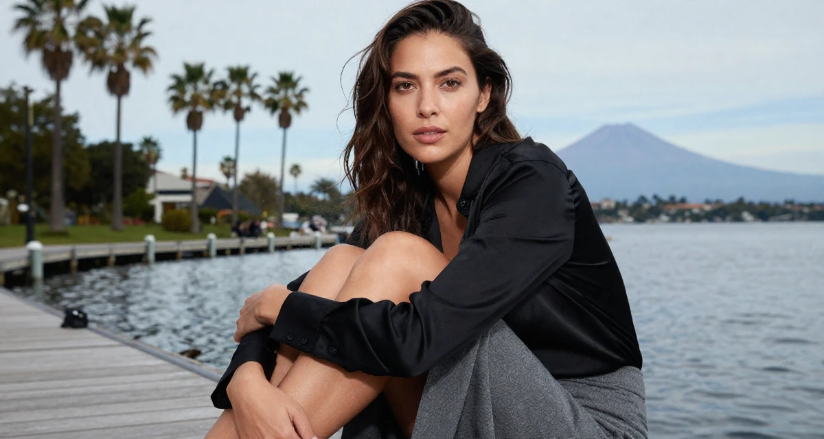 A grounded Female From Canada, based in Montreal, graduated from a design program majoring in intimate visual arts in their 43, documenting a weight loss maintenance journey, wearing a black silk blouse slightly unbuttoned and a grey skirt, brushing off dust in a serene lakeside dock.