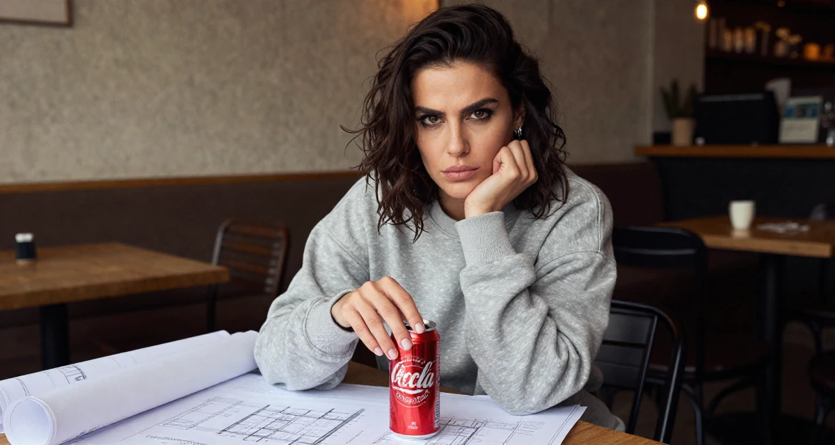 A intimidating Female Raised in Romania, studied entertainment marketing in their 35, at the peak of creative energy and output, wearing a relaxed jogger and sweatshirt combo, opening a soda can in a cozy café.