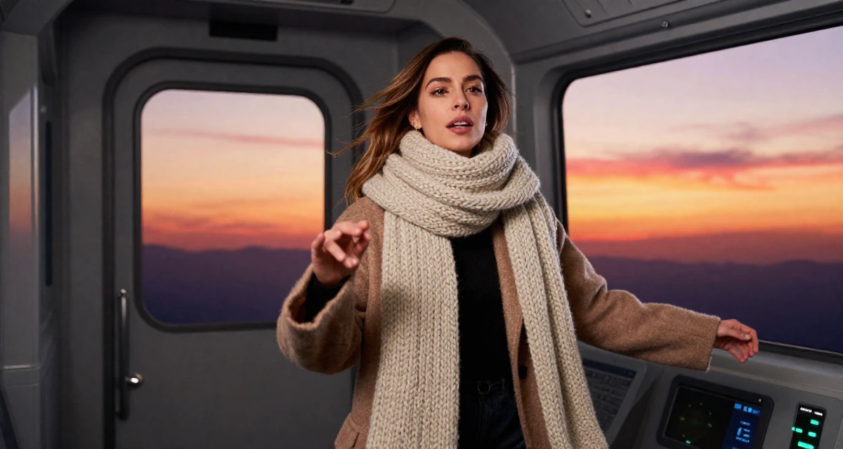 A elegant Female From Barcelona Spain, trained in creative directing for personal content in their 24, embracing weekends of solitude and rest, wearing a heavy knit scarf and coat, gesturing while talking in a spaceship corridor.